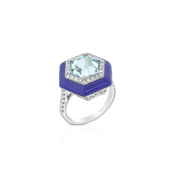 Hexagon Aquamarine Blue Enamel Ring - Image 3