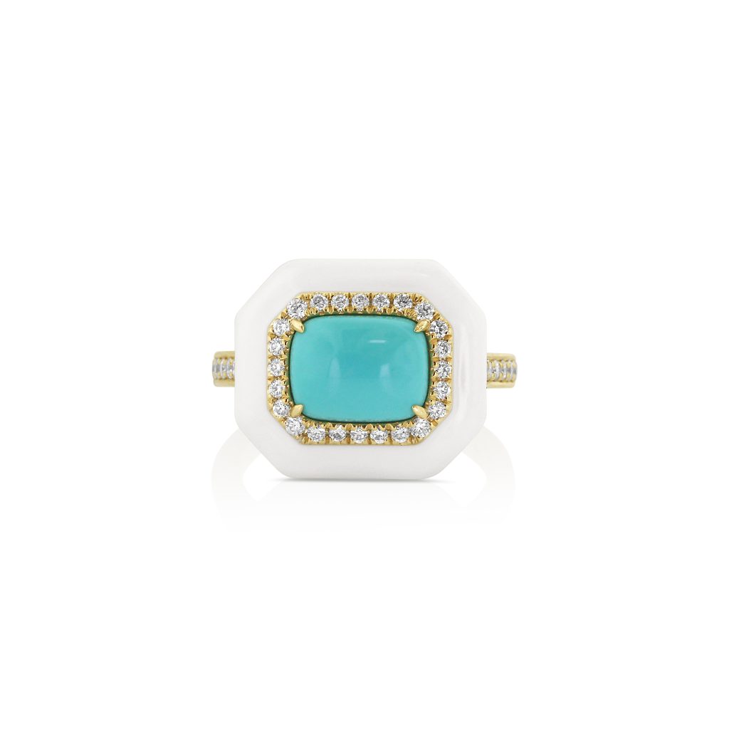 Turquoise White Enamel Octagon Ring