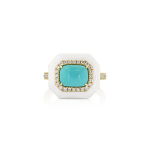 Turquoise White Enamel O agon Ring