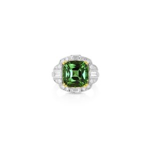 Green Tourmaline and Diamond Art Deco Ring