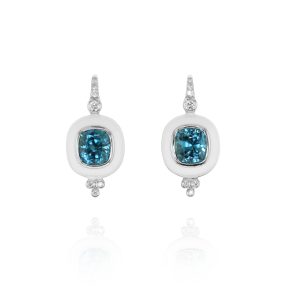 Blue Zircon White Enamel Drop Earrings