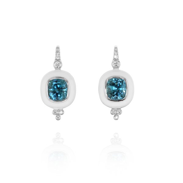 Blue Zircon White Enamel Drop Earrings