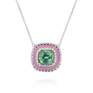 Green Tourmaline Pink Enamel Ring