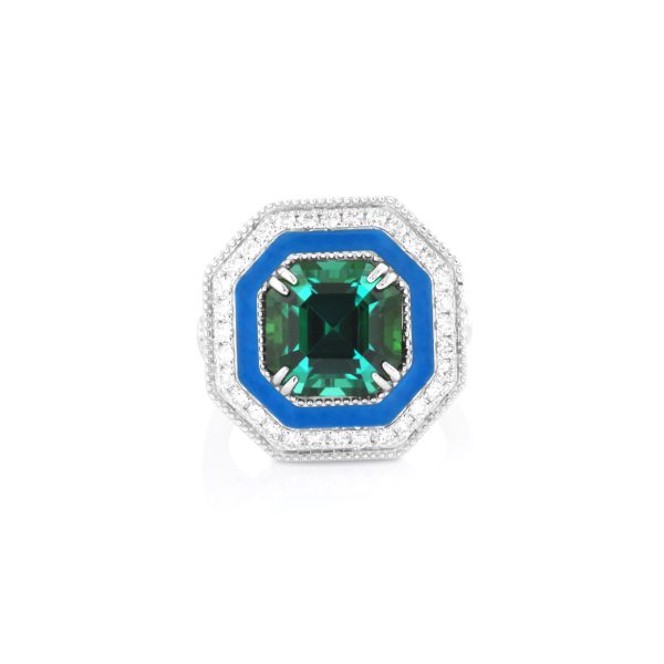 Green Tourmaline Light Blue Enamel Ring - Image 2