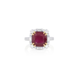 Ruby Cushion Baguette Halo Ring