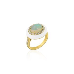 White Opal and Diamond Enamel Ring