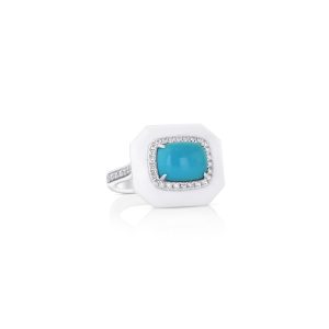 Turquoise White Enamel Cushion Ring