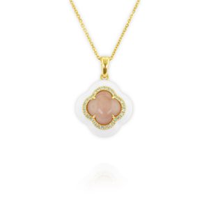 Pink Opal White Enamel Pendant Necklace