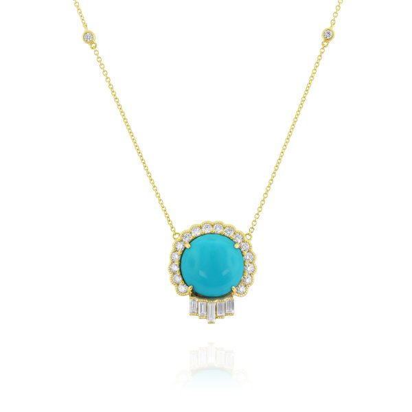 Round Turquoise and Diamond Pendant Necklace