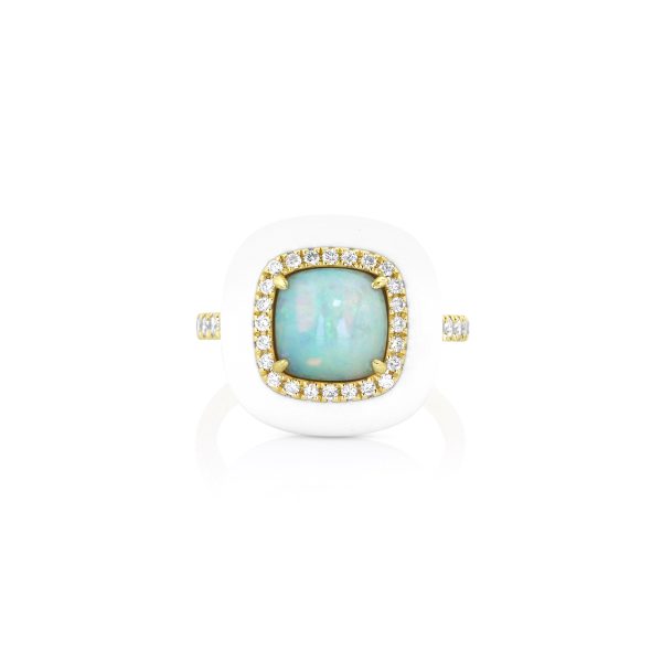 White Opal Cushion Enamel Ring