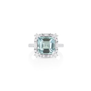 Emerald-Cut Aquamarine and Diamond Halo Ring