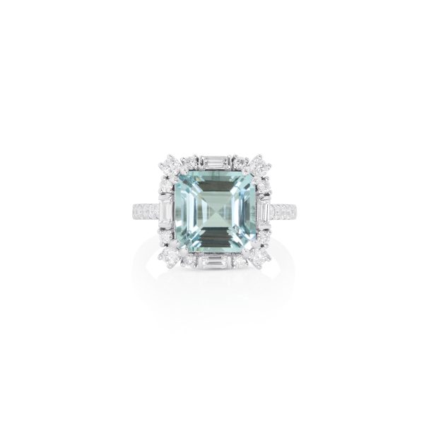 Emerald-Cut Aquamarine and Diamond Halo Ring