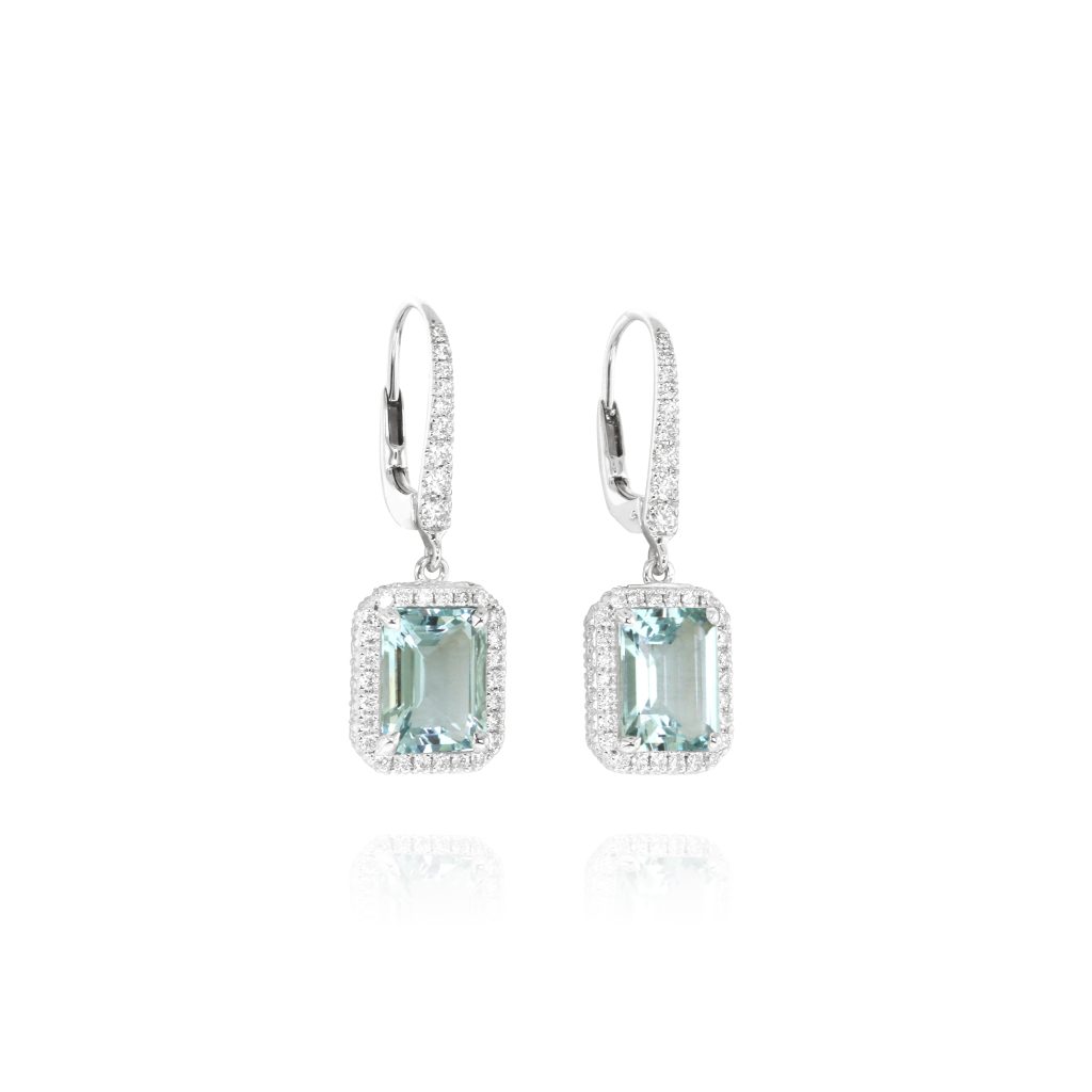 Emerald-Cut Aquamarine and Diamond Drop Earrings