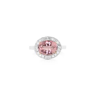 Oval Pink Tourmaline Scalloped Halo Ring