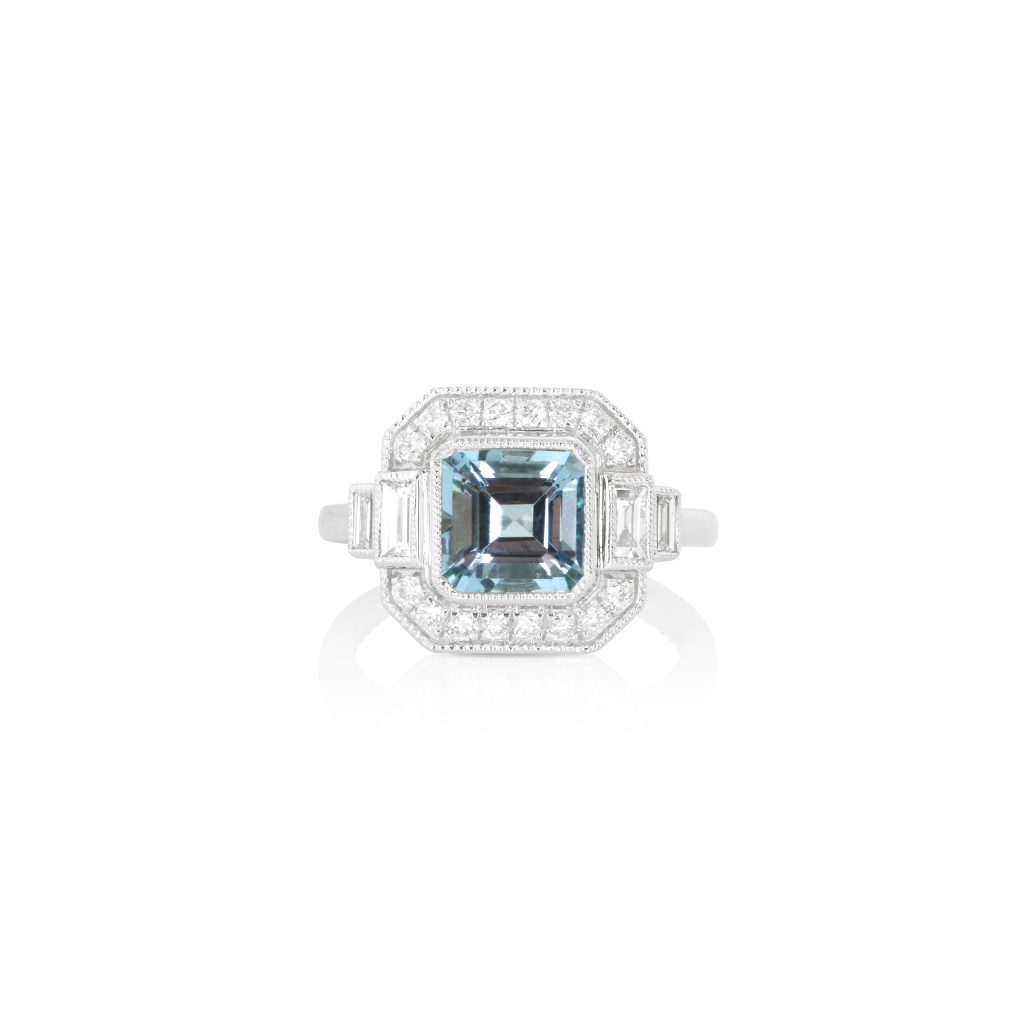 Asscher-Cut Aquamarine and Diamond Ring