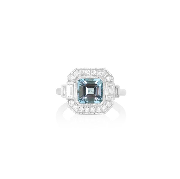 Asscher-Cut Aquamarine and Diamond Ring