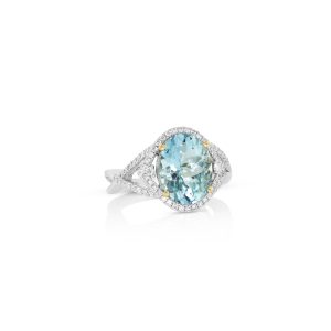 Aquamarine and Diamond Twist Halo Ring