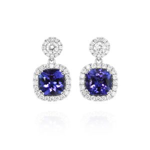 Cushion Tanzanite Double Halo Earrings