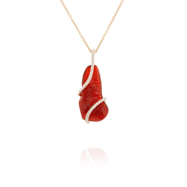Sculpted Fire Opal and Diamond Pendant