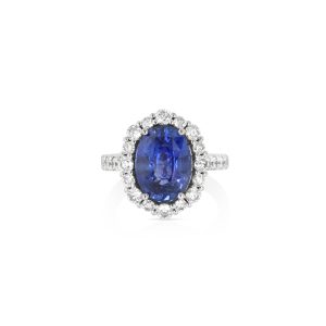 Platinum No-Heat Blue Sapphire Halo Ring