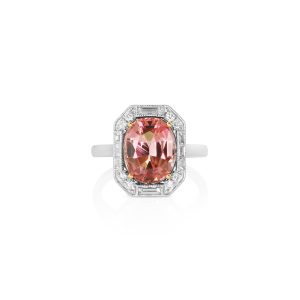 Pink Tourmaline Emerald Halo Ring