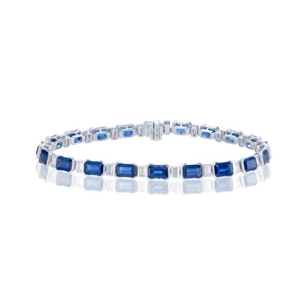 Blue Sapphire Tennis Bracelet with Baguette Diamonds - Image 2