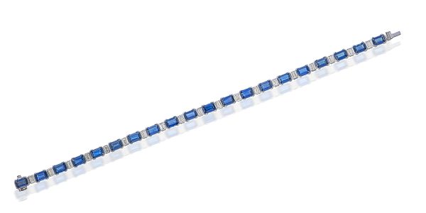 Blue Sapphire Tennis Bracelet with Baguette Diamonds