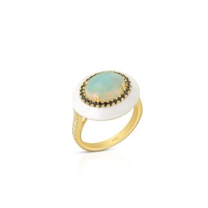 White Opal & Diamond Halo Ring