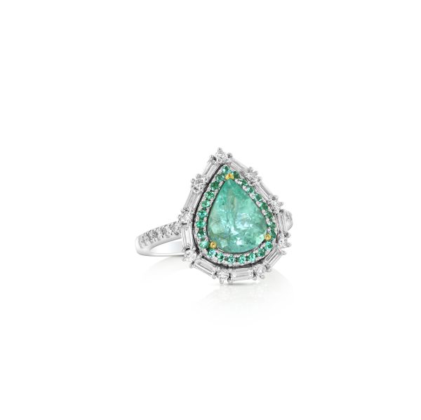 Pear-Shaped Paraiba and Green Diamond Halo Ring - Image 2