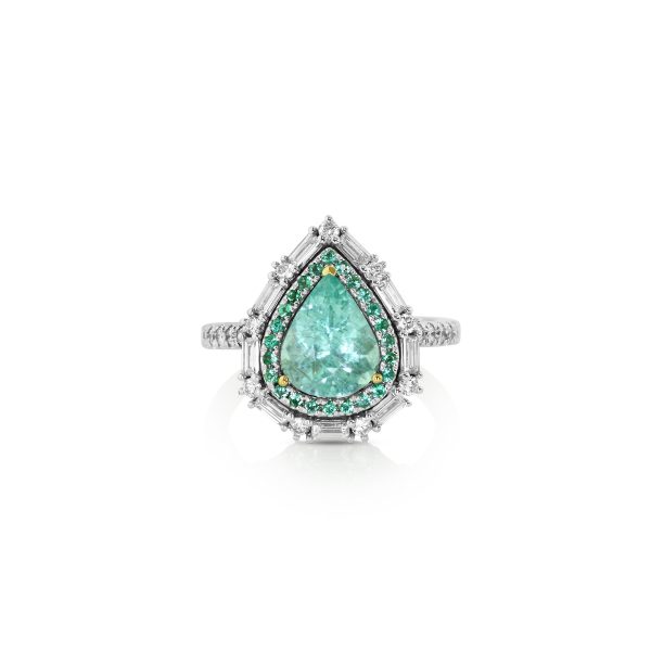 Pear-Shaped Paraiba and Green Diamond Halo Ring