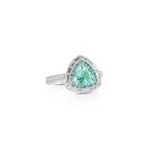 Trilliant Paraiba and Diamond Halo Ring