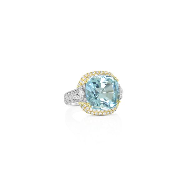 Aquamarine and Yellow Diamond Halo Ring - Image 2