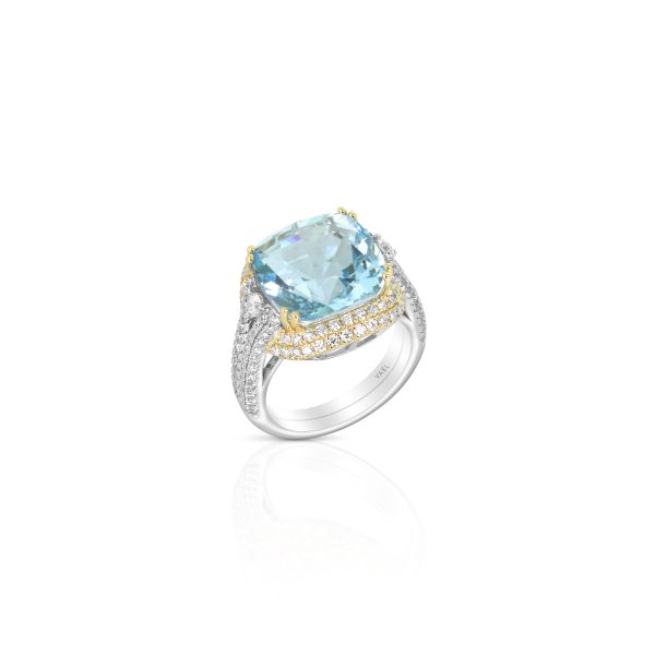 Aquamarine and Yellow Diamond Halo Ring - Image 3