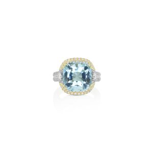Aquamarine and Yellow Diamond Halo Ring