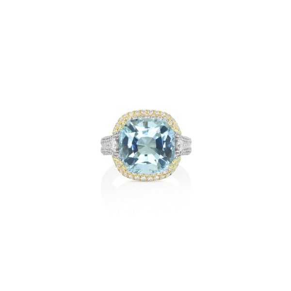 Aquamarine and Yellow Diamond Halo Ring