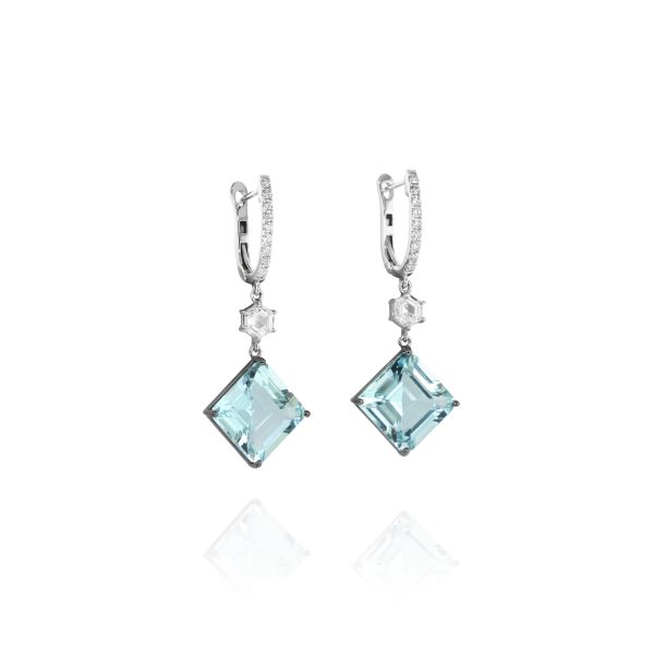 Geometric Aquamarine and Diamond Drop Earrings